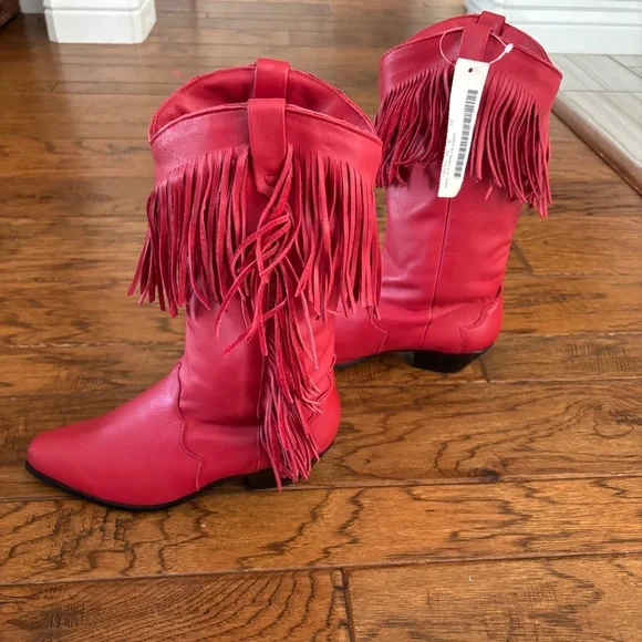 NWT Vintage 1980s Dingo Red Leather Boots with Fringe Women's US Size 7.5 - Picture 4 of 7